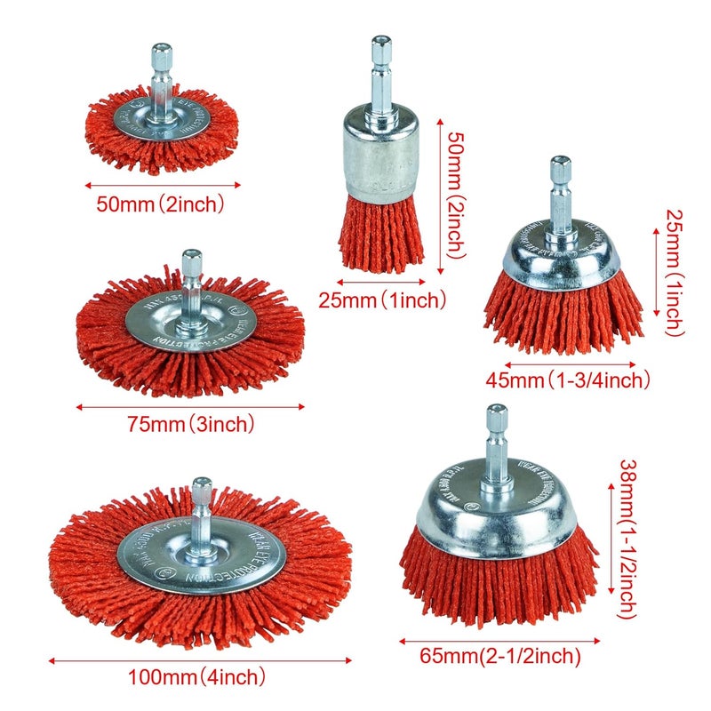 SALI 6 Pack Nylon Filament Abrasive Wire Brush Wheel & Cup Brush Set with 1/4 Inch Hex Shank, 6 Sizes Nylon Drill Brush Set for Removal of Rust Corrosion Paint - Image 2